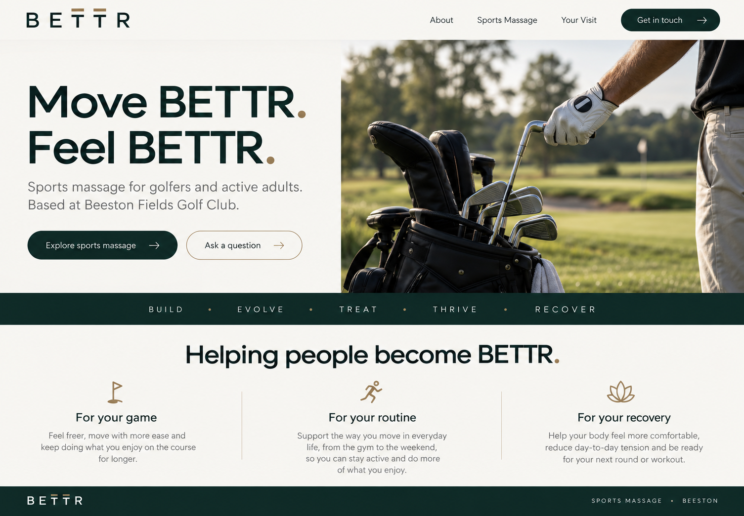 BETTR homepage design concept with a green and cream identity and golf imagery