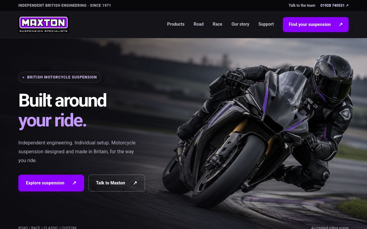 Maxton Suspension website redesign with motorcycle hero imagery