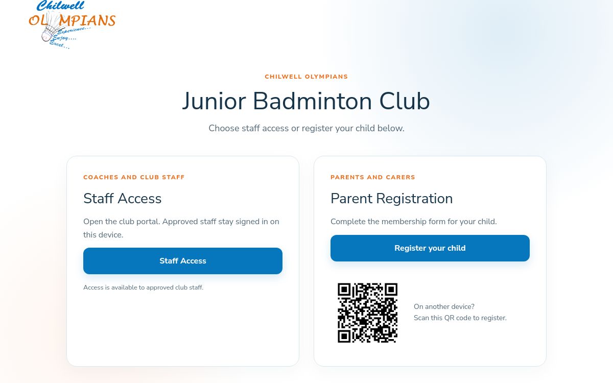 Chilwell portal home screen with staff access and parent registration